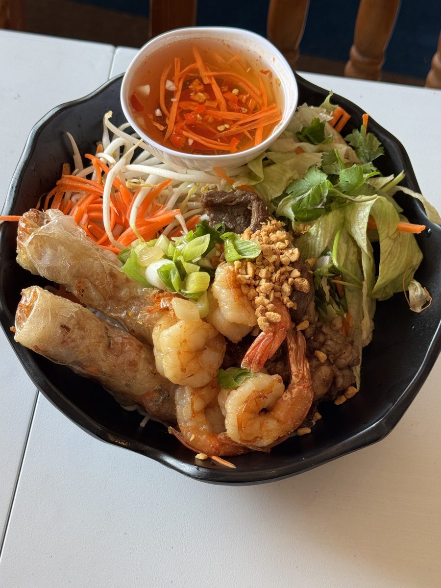 Lux vermicelli bún bowl with grilled shrimp, chopped eggroll and lemongrass pork