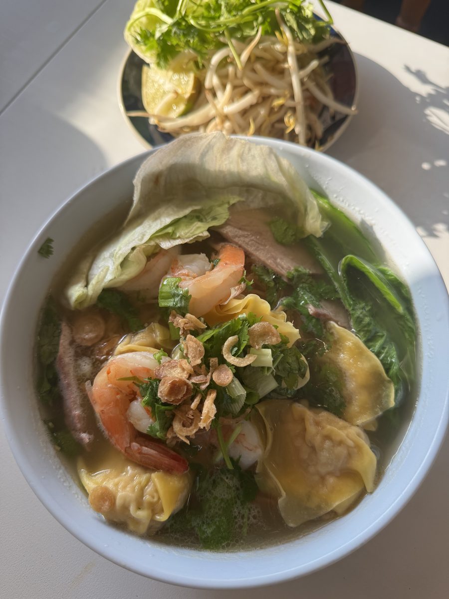 Wonton noodle soup with shrimp, char siu pork and egg noodles